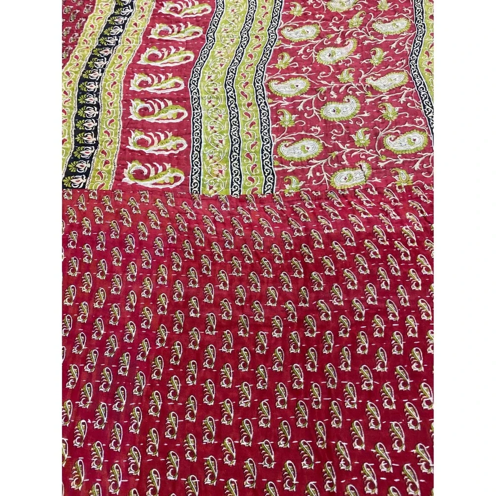 Kantha Quilt Hand Stitched Paisley Cotton Throw Blanket Reversible Blue Red Gold